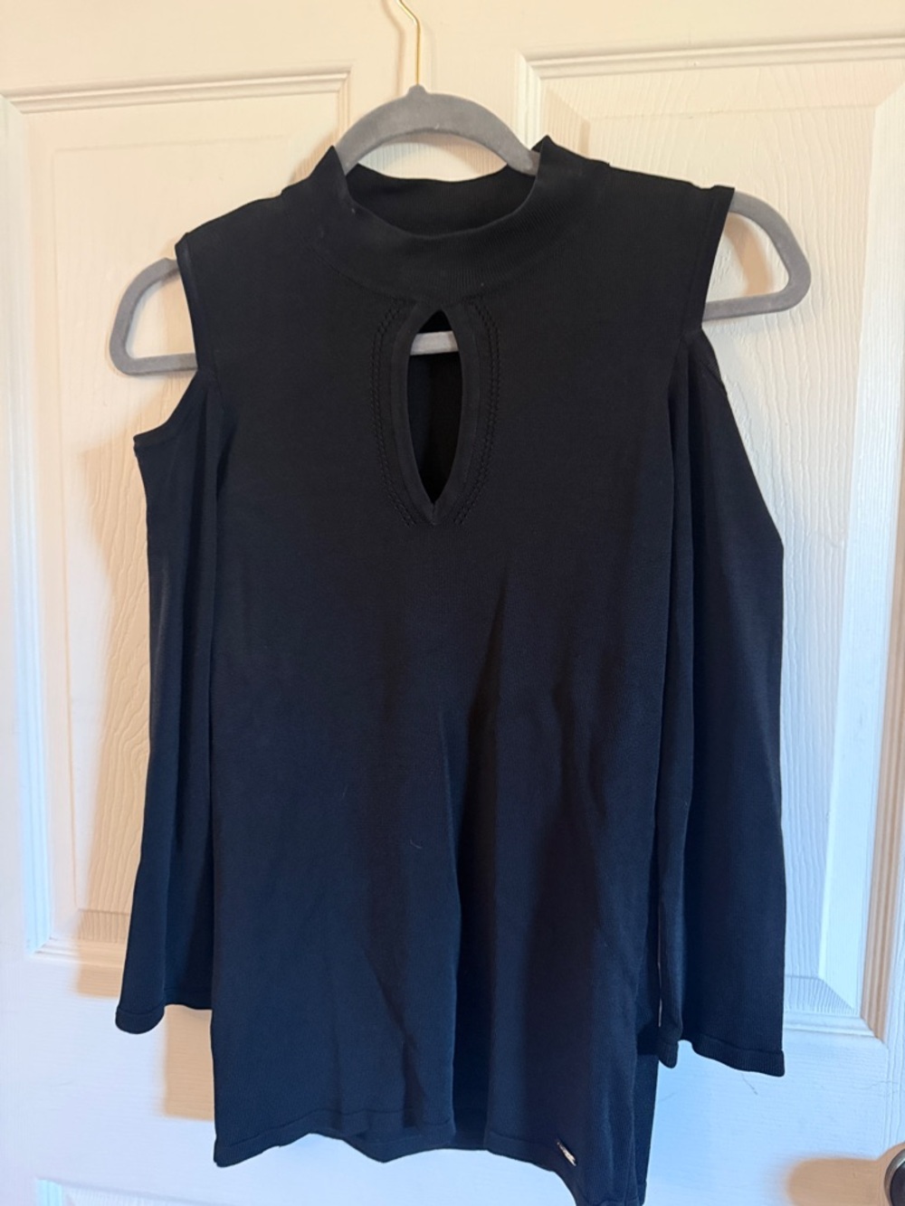 bebe Black Cold-Shoulder Keyhole Mock Neck Top